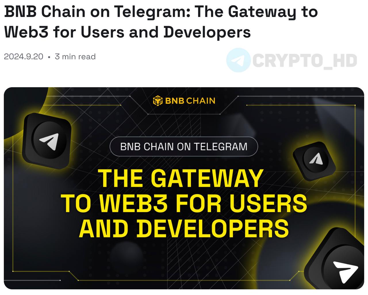 #ton #bnb   В BNB Chain объявили об интеграции в Telegram – анонс  Упростили внедрение BNB Chain в Telegram-ботов  SDK Privy  + добавили поддержку BNB в нескольких Telegram-кошельках.  Crypto Headlines