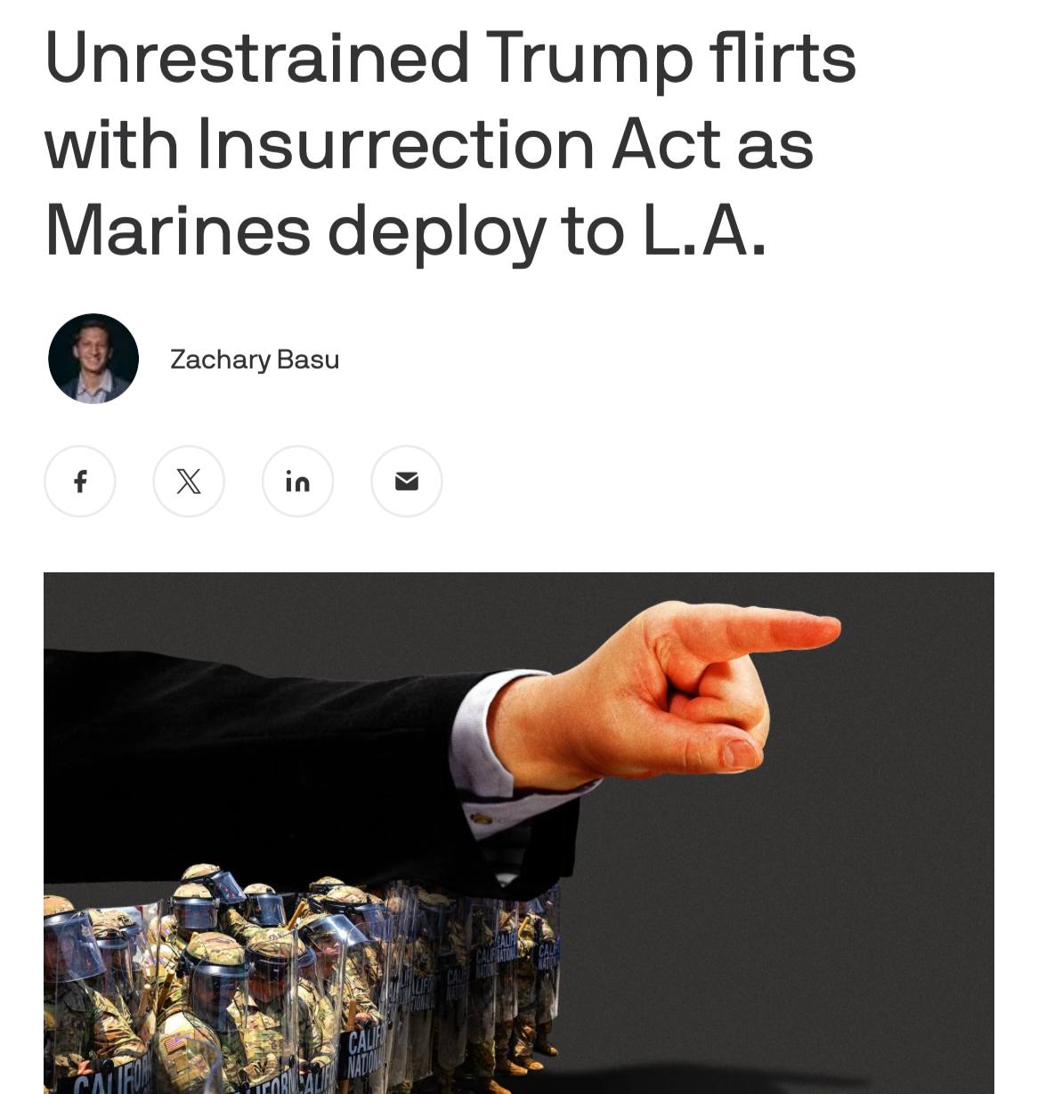 Axios: Трамп как никогда близок к применению закона о восстании «Трамп как никогда близок к тому, чтобы задействовать закон о восстании, движимый стремлением к власти, не ограниченной губернаторами, генералами и другими сдерживающими факторами, которые сдерживали его в 2020 году», — говорится в публикации. Отмечается, что Трамп уже нарушил многолетнюю практику, впервые с 1965 года отправив Нацгвардию в Калифорнию без согласия местных властей. Как пишет портал, Трамп «открыто транслирует свою готовность, и даже рвение, к применению закона». Он уже публично назвал протестующих мятежниками. Закон о восстании 1807 года предоставляет президенту право использования вооруженных сил внутри в особых ситуациях, таких как подавление антиправительственных выступлений, мятежей и восстаний. ЖИВОВZ