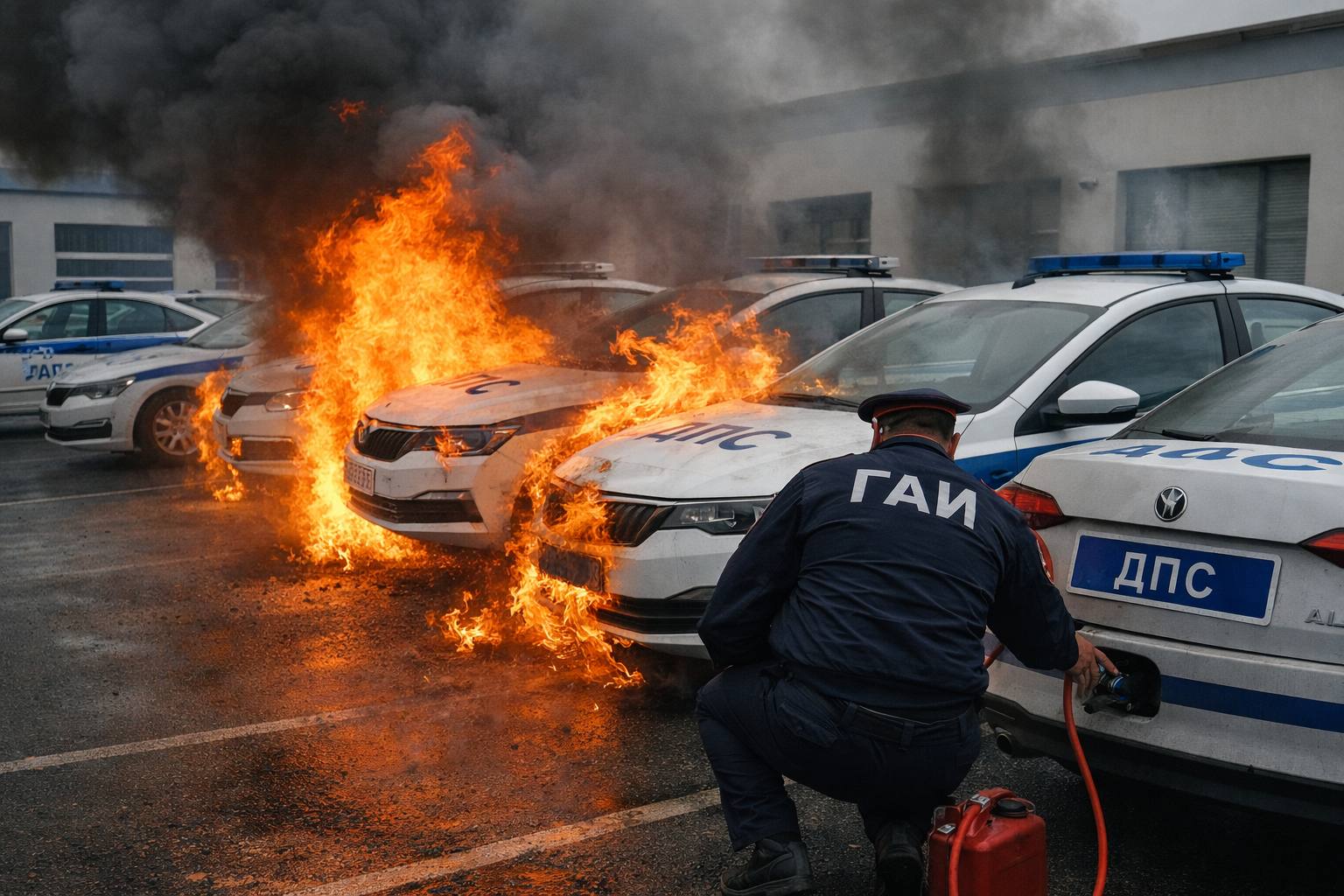 Сотрудник ГАИ устроил пожар на служебной парковке когда пытался слить топливо Предварительно в понедельник старший инспектор ДПС находился на работе в гараже Там подозреваемый пытался слить топливо из служебного автомобиля с помощью специального устройства Махинация привела к возгоранию паров бензина В результате ущерб получили несколько автомобилей ДПС Никто не пострадал сумма ущерба устанавливается На сотрудника полиции завели уголовное дело о превышении должностных полномочий Нарушителя уволили TodaySPb Новости GradSPb Места СПб