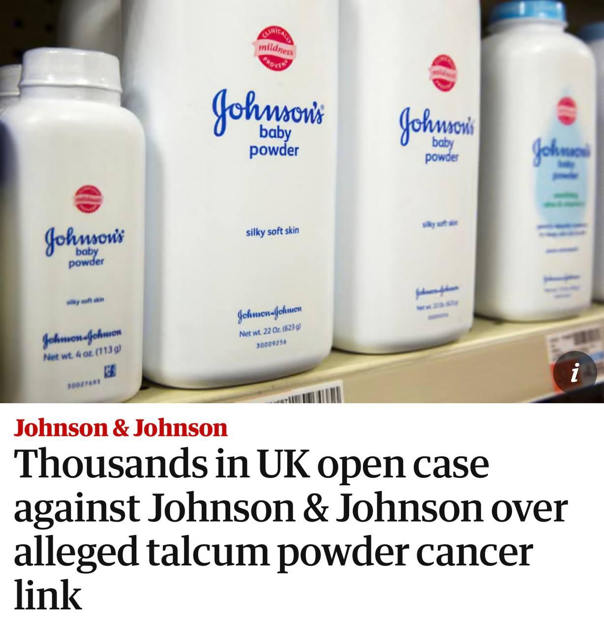 Прочла о том что более 3000 человек подали в суд на Johnson Johnson обвиняя её в развитии рака яичников или мезотелиомы после использования детской присыпки Johnson s Baby В документах который описывает The Guardian указывается что J J десятилетиями скрывала риск для общественности заменяя тальк в своей присыпке Дело будет рассматриваться в Верховном суде Лондона Сама компания J J отрицает все обвинения в том числе и все заявления что они сознательно продавали детскую присыпку загрязнённую асбестом