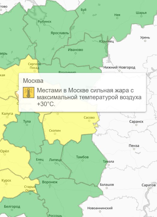 В Москве до вечера 25 июля объявлен "оранжевый" уровень погодной опасности из-за аномальной жары с максимальной температурой до 30 градусов. Жителям рекомендовано избегать перегрева, носить светлую одежду и головные уборы, пить больше воды и соблюдать пожарную безопасность, исключая открытый огонь. Период действия предупреждения — до 17:00.