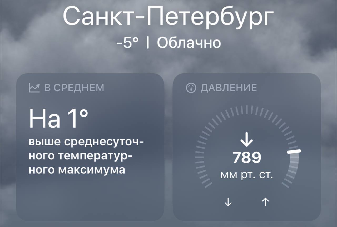 В Питере до сих пор держится экстремально высокое атмосферное давление 789 мм рт. ст.   Это можно сопоставить со спуском в шахту на глубину 300 метров. Из-за этого вы можете почувствовать недомогание и головную боль.   — Подписаться