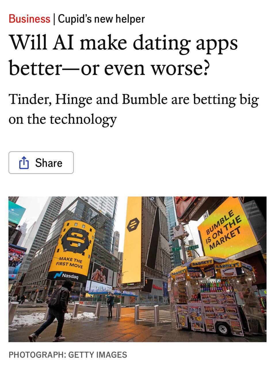 Приложения для знакомств страдают от наплыва нейро купидонов пишет The Economist анализируя историю Александра Жадана двадцатилетнего программиста из Москвы Он не стал искать любовь вручную а написал нейросетевого бота который свайпал проявлял интерес к профилям вместо него в Tinder пообщался с 5 000 девушками провел 100 свиданий и сделал предложение той которую выбрал алгоритм И это не единичный пример По исследованию Match Group и Института Кинси четверть американских пользователей сайтов знакомств уже используют ИИ для создания профиля или написания сообщений Теперь такие приложения как Tinder Hinge и Bumble сами хотят ввести нейросетевого ассистента который поможет подбирать пользователю пару При этом исследователь Люк Браннинг из Университета Лидса считает что ИИ лишь усилит недоверие в отношениях а сами приложения знакомств в последние годы теряют клиентов Даже невеста московского программиста сначала была в шоке когда узнала что ее выбрал не он а бот