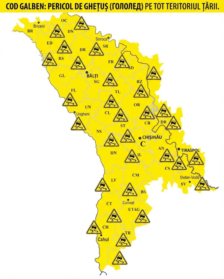 Синоптики объявили жёлтый код по гололёду на всей территории Молдовы Предупреждение действует с 20 00 6 февраля до 20 00 9 февраля Водителям и пешеходам рекомендуют быть максимально осторожными