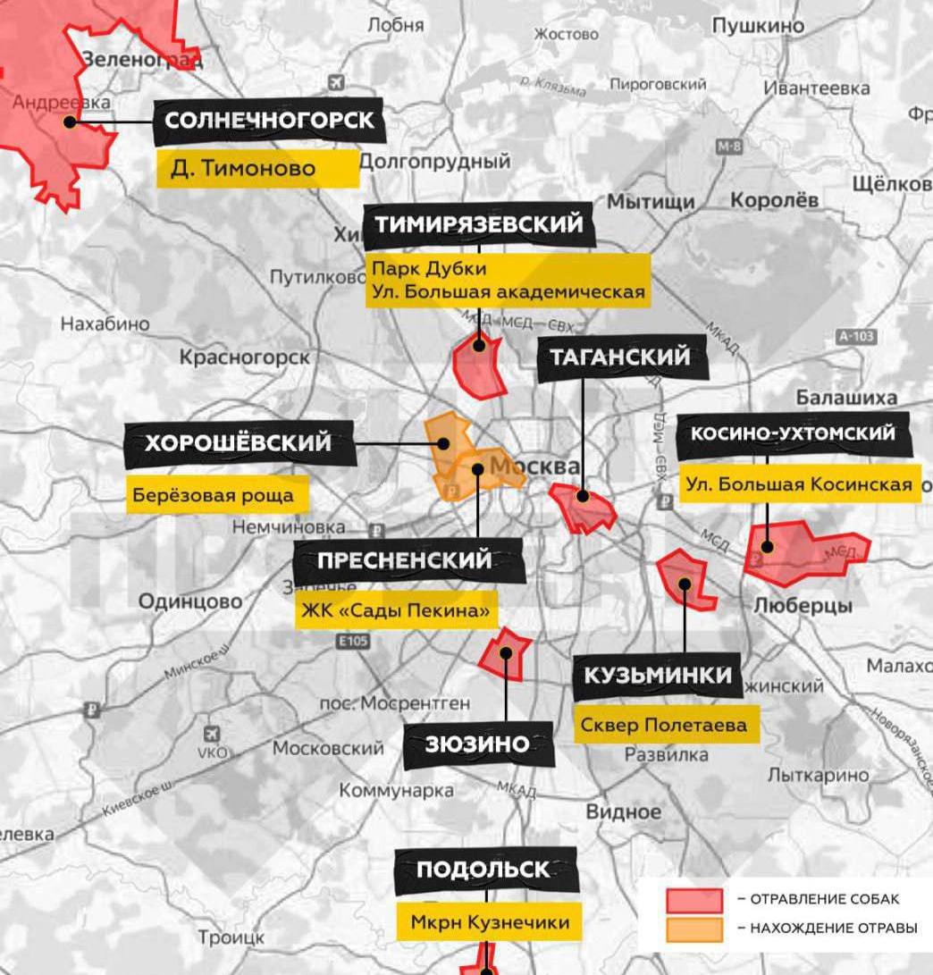 ‼  Догхантеры стали массово орудовать в Москве и Подмосковье.   Сохраняйте и пересылайте актуальную карту районов — в этих местах уже зафиксировали массовые отравления питомцев и отраву на улицах.  МСК 360   Сотрудничество
