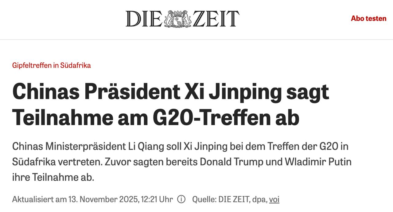 Си Цзиньпин отменил свое участие в саммите G20 в ЮАР сообщает Die Zeit МИД КНР объявил что в Йоханнесбург поедет премьер Госсовета КНР Ли Цян Ранее свое участие отменили Путин и Трамп Таким образом впервые с момента создания G20 главы государств и правительств трех крупнейших стран этого объединения не будут присутствовать на саммите Сайт Страна X Twitter Прислать новость фото видео Реклама на канале Помощь