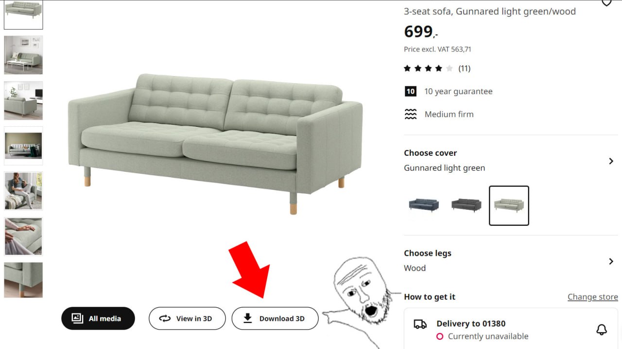 На сайте IKEA теперь можно скачивать 3D модели мебели в один клик чувак сделал простой скрипт для браузера он добавляет кнопку Download 3D на страницы товаров Нажимаем и забираешь файл с точной 3D моделью дивана стола или шкафа Очень удобно для планирования ремонта Можно закинуть мебель в 3D планировщик квартиры Посмотреть как она встанет по размерам Прикинуть цвета и сочетания Не покупать вслепую по картинке Работает на всех версиях сайта IKEA и с новой версией тоже По сути примерка мебели у себя дома только в цифре Забираем здесь exploitex