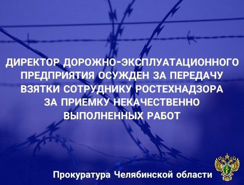  Советский районный суд г. Челябинска вынес приговор по уголовному делу в отношении директора Уральского филиала АО «ДЭП № 33». Он признан виновным в совершении преступления, предусмотренного п. «б» ч. 4 ст. 291 УК РФ дача взятки должностному лицу в крупном размере . В суде установлено, что в период с ноября по декабрь 2020 года подсудимый через посредника передал взятку заместителю начальника межрегионального отдела по государственному строительному надзору Уральского управления Ростехнадзора в сумме 700 тыс. рублей за беспрепятственное проведение итоговой проверки и выдачу положительного заключения по объекту строительства и реконструкции участка автомобильной дороги М-5 «Урал» при наличии на объекте невыполненных работ. Подсудимый вину признал в полном объеме, с ним заключено досудебное соглашение о сотрудничестве. С учетом позиции государственного обвинителя суд приговорил виновного к 2 годам лишения свободы с отбыванием наказания в исправительной колонии строгого режима, со штрафом 7 млн рублей.