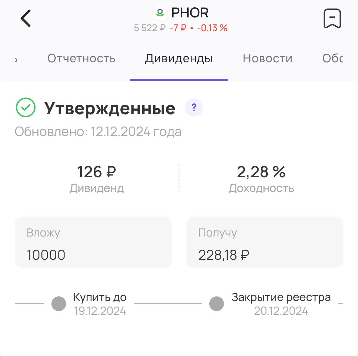 Акционеры Фосагро одобрили дивиденды   Совет директоров компании  «ФосАгро»  #PHOR  объявляет дивиденды за 3 квартал текущего года.   Размер дивиденда — 126₽ на акцию. Доходность 2,4%   Последний день для покупки акций для получения дивидендов — 22 декабря.     Промежуточные дивиденды утвердили в 126 руб. на акцию, почти вдвое ниже раскрытой рекомендации  249 руб .   #дивиденды