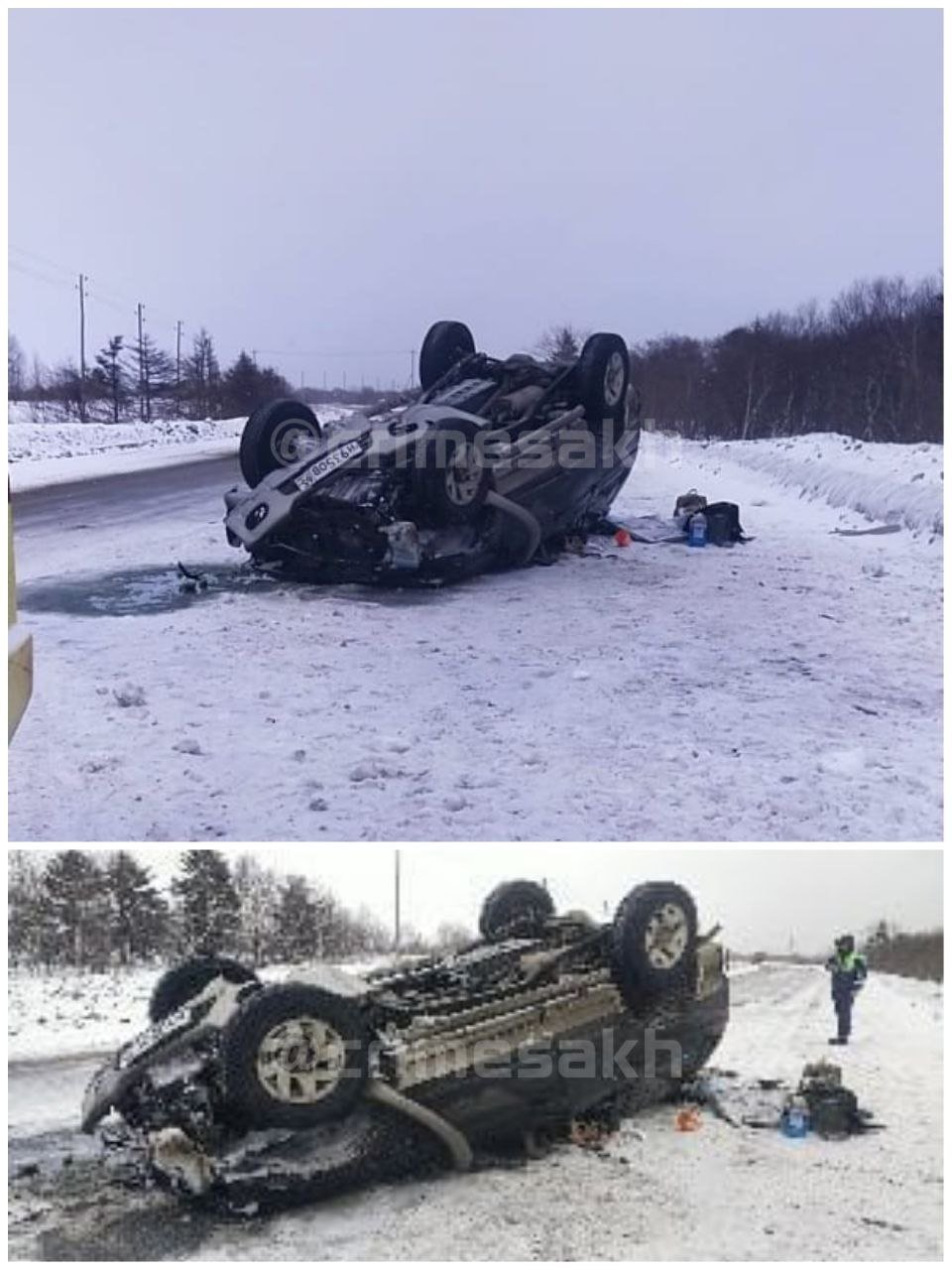 ДТП на трассе!    Сегодня вечером на 58 км дороги Южно-Сахалинск-Оха произошло  ДТП с участием автомобиля "Мицубиси". Водитель не справился с управлением на скользкой дороге, в результате чего машина, кувыркнулась и приземлилась на крышу.   На место происшествия прибыли сотрудники ДПС и медики. Один мужчина был госпитализирован в ЦРБ для дальнейшего обследования.  Будьте осторожны на дорогах скользко, соблюдайте скоростной режим.