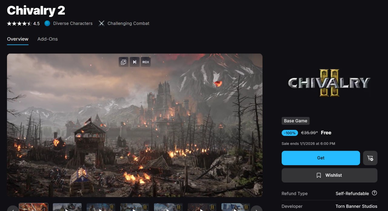 Chivalry 2 можно забрать в Epic Games до следующего года Или вы можете просто взять её в Steam за 200 рублей Кстати завтра будет возможность забрать ещё две игры