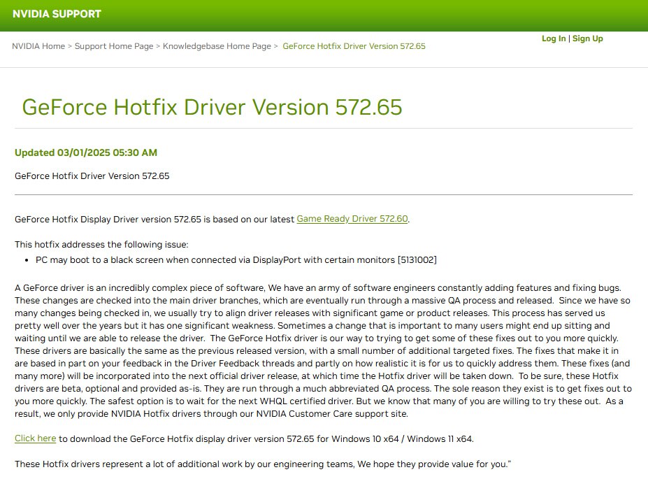 NVIDIA выпустила хотфикс-драйвер, исправляющий «чёрный экран».  Владельцы видеокарт RTX 30xx, 40xx и 50xx недавно столкнулись с багами, включая чёрный экран при запуске системы.  Обновление драйвера 572.65 устраняет все эти проблемы — пора обновляться.