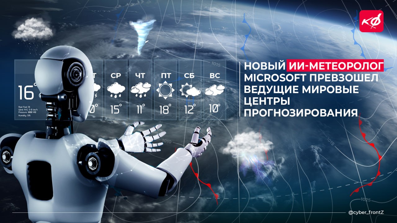 Новый ИИ-метеоролог Aurora от Microsoft обогнал ведущие мировые центры прогнозирования погоды Изучив собранные данные, ИИ успешно спрогнозировал все ураганы 2023 года, включая тайфун Доксури, определив его место удара за четыре дня до начала катаклизма. Точность прогнозов составила 92% по сравнению с ведущими метеорологическими центрами США и Европы. А главное — использование ИИ-метеоролога в сотни раз экономичнее традиционных методов прогнозирования. КИБЕРФРОНТ.