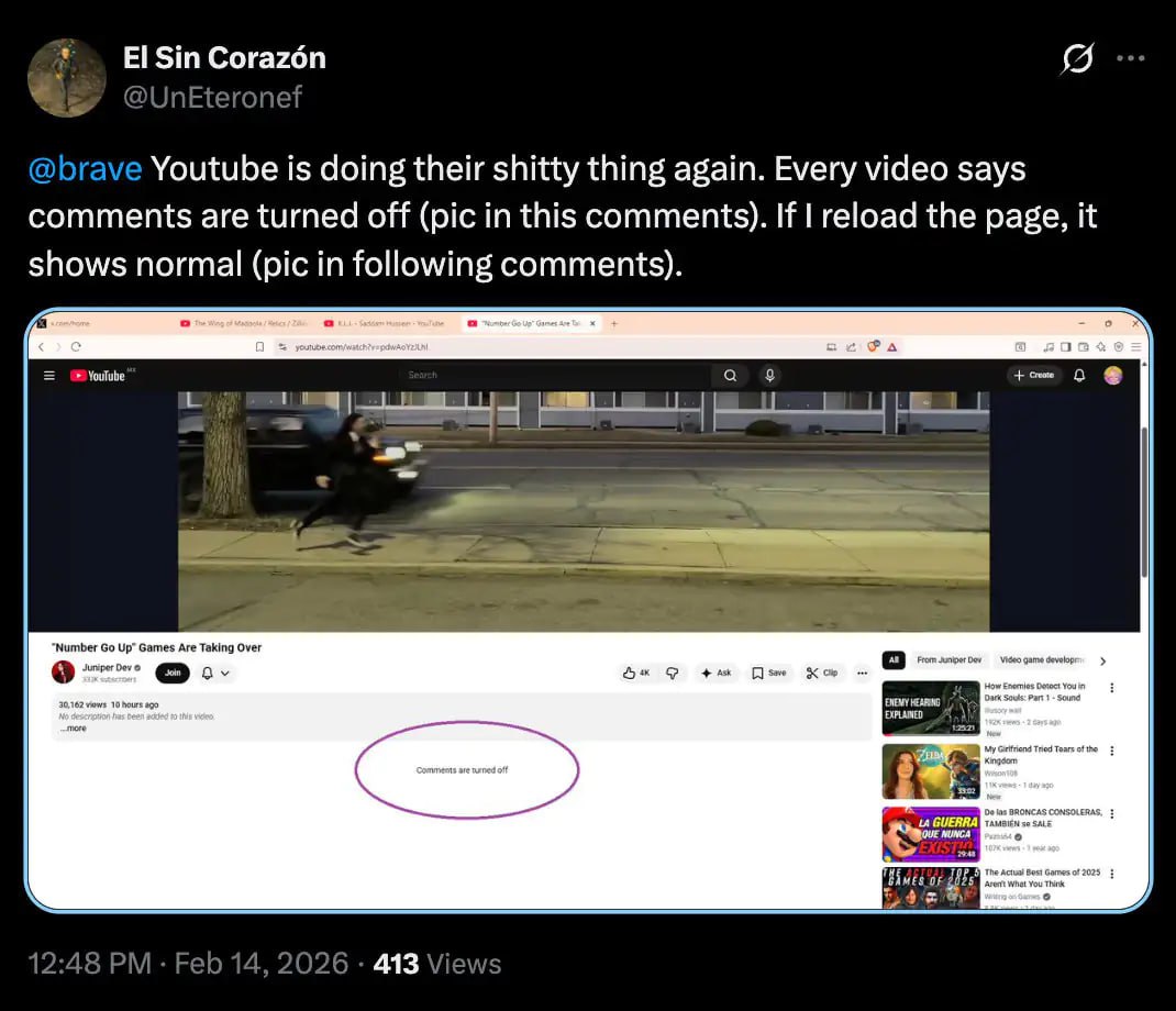 YouTube начал отключать комментарии и описания видео пользователям с блокировщиками рекламы Видеохостинг тестирует новый способ борьбы с AdBlock теперь при обнаружении активных плагинов платформа скрывает разделы с комментариями и описаниями к роликам Вместо них пользователи видят сообщение Комментарии отключены которое пропадает только после деактивации расширений Ограничения затронули даже часть подписчиков YouTube Premium если в их браузерах например Brave встроены автоматические инструменты блокировки рекламы и трекеров  Ранее YouTube уже экспериментировал с замедлением загрузки видео и блокировкой воспроизведения для тех кто обходит рекламу без подписки settersmedia news