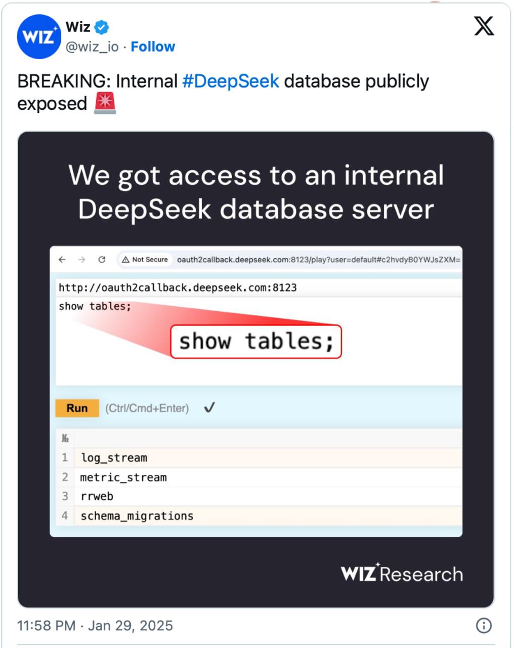 Внезапно: DeepSeek взломали — оказалось, нейронка не только собирала и хранила ВСЁ, что вы ей пишете, но и делала это в открытом доступе — без всякой защиты.  Миллионы личных переписок просто лежали в сети, их нашли исследователи из Wiz. В компании подтвердили утечку.