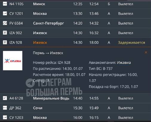 Вылет рейса в Ижевск задерживается из аэропорта Перми  Согласно данным на онлайн-табло, вылет должен был состояться в 14:30. Однако его перенесли на 18.00. Перевозчик — авиакомпания Ижавиа.  Ранее в Росавиации информировали о том, что в 14:00 ограничения в местном аэропорту из-за угрозы атаки беспилотников были сняты.   Подписаться       Дать «буст»