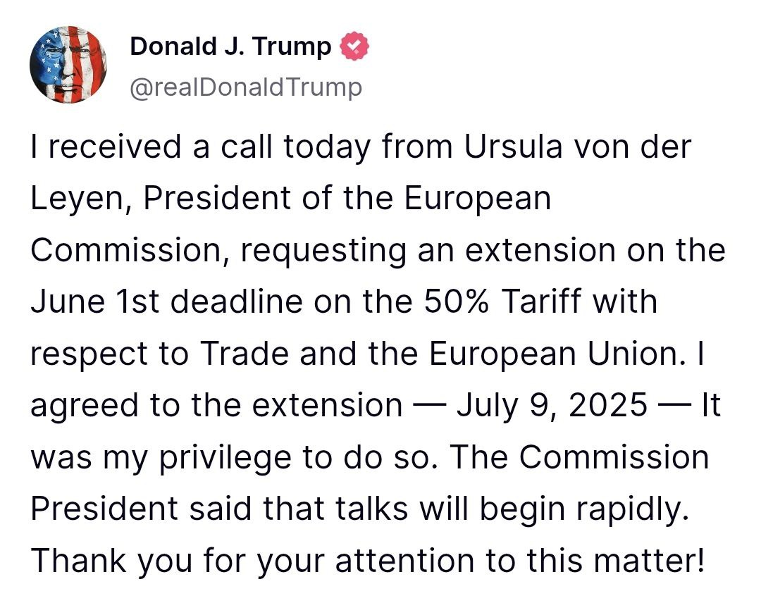 Президент США Дональд Трамп объявил, что он согласился продлить дату вступления в силу 50%-ного тарифа на товары ЕС с 1 июня на 9 июля 2025 года, переговоры начнутся незамедлительно.