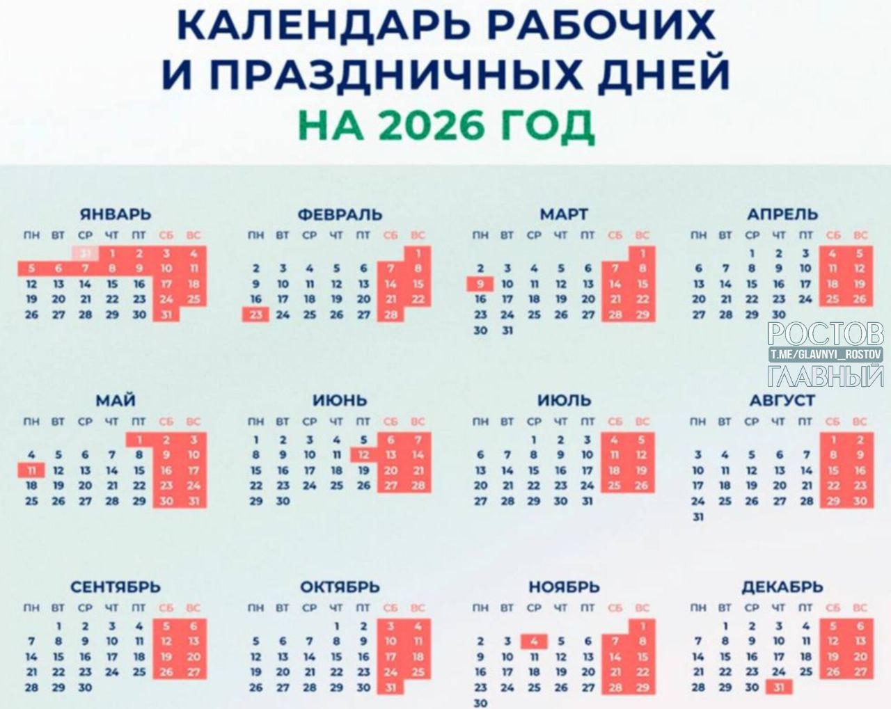Россиян ждут пять четырехдневных рабочих недель в 2026 году при этом шестидневных не будет В течение года предусмотрены также одна трехдневная рабочая неделя и неделя с праздничной средой В начале ноября из за Дня народного единства график сложится из двух рабочих дней праздничного дня еще двух рабочих и последующих выходных Последняя неделя декабря будет состоять всего из трех рабочих дней а 31 декабря 2026 года останется выходным благодаря переносу с 4 января c Блокнот   Звучит приятно glavnyi rostov Присылайте ваши фото видео новости мне в лс glavnyi admin  РГ в МАХ