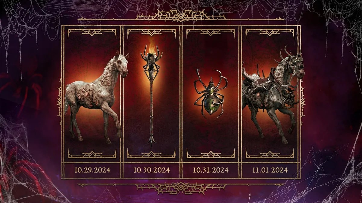 В конце октября в Diablo 4 стартует ивент к Хэллоуину с ежедневными наградами  Компания Blizzard анонсировала событие по случаю Хэллоуина в Diablo 4, которое будет проходить с 29 октября по 5 ноября. В течение этого времени игроки смогут получить бесплатные эксклюзивные косметические предметы, заходя в игру каждый день. С 29 октября будет доступен The Recluseʼs Host Mount — превращающий лошадь в зомби, 30 октября — трофей Ichorflame Torch, напоминающий факел в паутине, 31 октября — Recluseʼs Flask, 1 ноября — броня для маунта Reclusive Trappings с паучьими элементами. Если игроки пропустят день, они могут собрать все награды до 5 ноября через внутриигровой магазин.