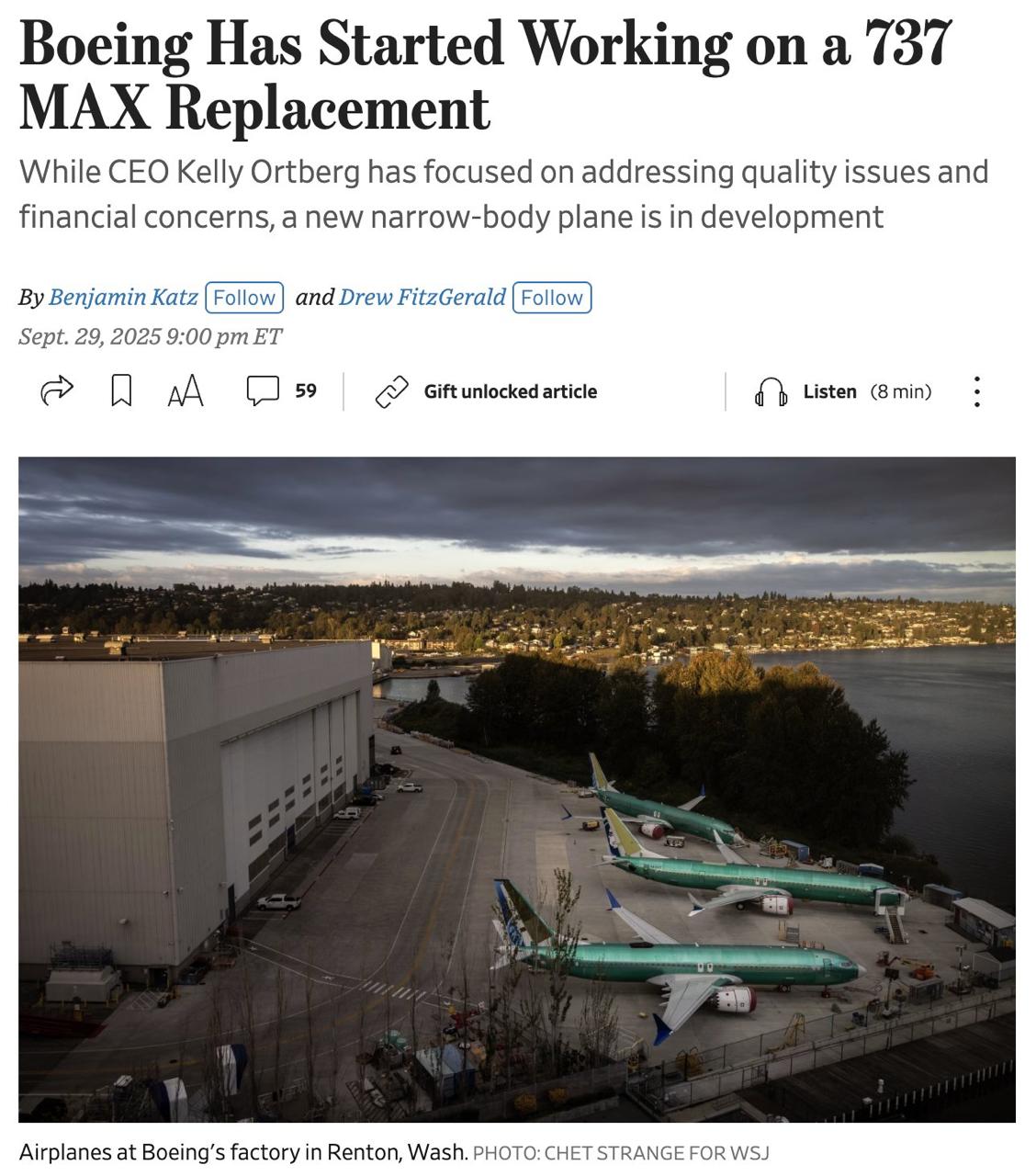 WSJ Boeing на ранней стадии разработки замены для 737 MAX Издание The Wall Street Journal сообщило что компания Boeing находится на ранних этапах разработки нового узкофюзеляжного самолёта который должен прийти на замену модели 737 MAX Boeing 737 MAX поступивший в эксплуатацию в 2017 году оказался в центре крупнейшего кризиса в истории Boeing после двух катастроф в Индонезии и Эфиопии унёсших жизни 346 человек самолёт был на два года отстранён от полётов по всему миру Сегодня модель остаётся под жёстким контролем FAA в 2024 году регулятор ограничил производство 38 самолётами в месяц после инцидента c вырванной заглушкой двери на самолёте Alaska Airlines По данным WSJ ранее в этом году генеральный директор Boeing Келли Ортберг встретился с руководством Rolls Royce Holdings в Великобритании где они обсудили новый двигатель для нового самолёта Ортберг назначил нового старшего руководителя по продуктам в подразделении коммерческих самолётов Boeing который ранее занимался разработкой нового типа самолёта В этом году мы принимали руководство Boeing в Дерби чтобы обсудить узкофюзеляжные самолёты Это должно дать вам представление о том о чём идёт речь подтвердил информацию генеральный директор Rolls Royce Туфан Эрджинбилгич на сентябрьском мероприятии для инвесторов согласно стенограмме с которой ознакомились журналисты WSJ Как пишет WSJ компания также занимается проектированием кабины экипажа для нового узкофюзеляжного лайнера но разработка пока остаётся на стадии планирования и окончательные решения не приняты Ориентировочно новый узкофюзеляжный самолёт может появиться в середине следующего десятилетия В своем заявлении компания Boeing сообщила что по прежнему сосредоточена на плане восстановления включая поставку примерно 6000 коммерческих самолетов и сертификацию уже анонсированных моделей самолетов Наша команда оценивает рынок совершенствует ключевые технологии и улучшает наши финансовые показатели чтобы мы были готовы когда придет время выпустить новый продукт говорится в заявлении Предыдущий руководитель Boeing Дэйв Кэлхун рассматривал возможность возрождения проекта среднеразмерного самолёта для постепенной замены семейства 737 и обсуждал эту идею с заказчиками В апреле компания Boeing изменила фокус проекта с Национальным управлением по аэронавтике и исследованию космического пространства НАСА направленного на разработку принципиально нового и более экологичного самолёта известного как X 66 Вместо этого компания переориентировала усилия на разработку более лёгкого и аэродинамичного крыла для нового самолёта В мае Ортберг повысил Брайана Ютко руководителя дочернего предприятия по производству авиатакси Wisk Aero на должность руководителя отдела разработки продуктов в коммерческом подразделении компании Эта должность включала бы в себя контроль над любыми последующими моделями семейства 737 В Boeing заявили что технологии Wisk будут иметь решающее значение при проектировании будущей авионики кабины экипажа в том числе для следующего самолета Boeing Конкуренция с Airbus остаётся ключевым фактором A320 имеет более широкую кабину и позволяет устанавливать более эффективные двигатели Airbus уже работает над преемником A320 делая ставку на перспективные силовые установки включая Open Rotor Впрочем Boeing ещё предстоит преодолеть серьёзные препятствия в краткосрочной перспективе Две новые модели 737 MAX 737 7 и 737 10 ещё не сертифицированы Boeing отстаёт примерно на шесть лет от графика вывода на рынок модернизированного дальнемагистрального самолёта 777X Как заявил Келли Ортберг на встрече с инвесторами завершение сертификации высвободит нам значительные средства чтобы сосредоточиться на дальнейших планах И это очень очень интересная работа не только для меня но и для всех сотрудников компании Boeing    AviaNews