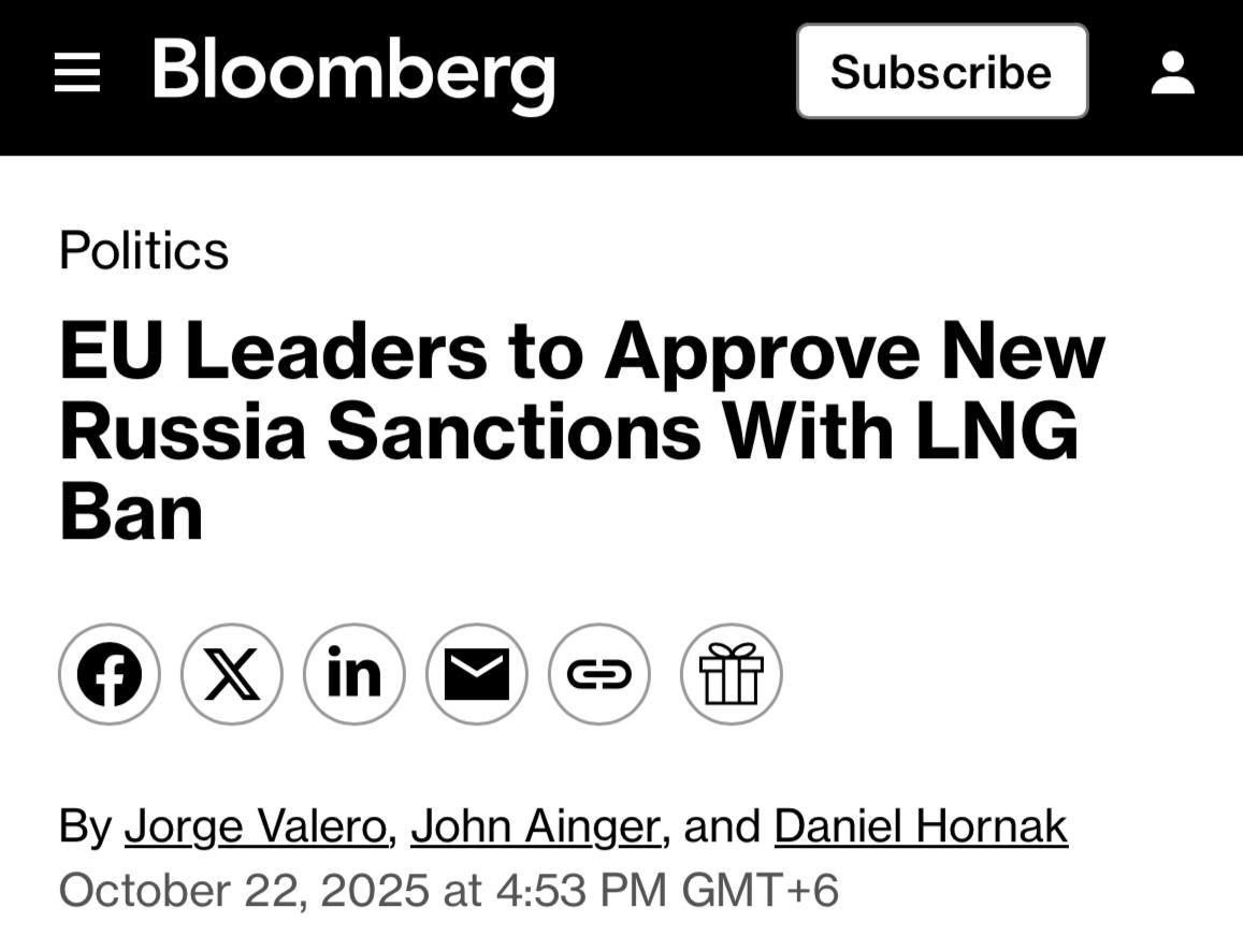 ЕС ускоряет запрет на импорт российского СПГ и вводит новые санкции Bloomberg Лидеры ЕС утвердят 19 й пакет санкций против России который включает ускоренный запрет на импорт сжиженного газа с января 2027 года а также ограничения для банков криптобирж и экспорт товаров на сумму 40 млрд для российской военной промышленности Кроме того в чёрный список внесены более 100 танкеров которые участвуют в нелегальной торговле энергоресурсами России