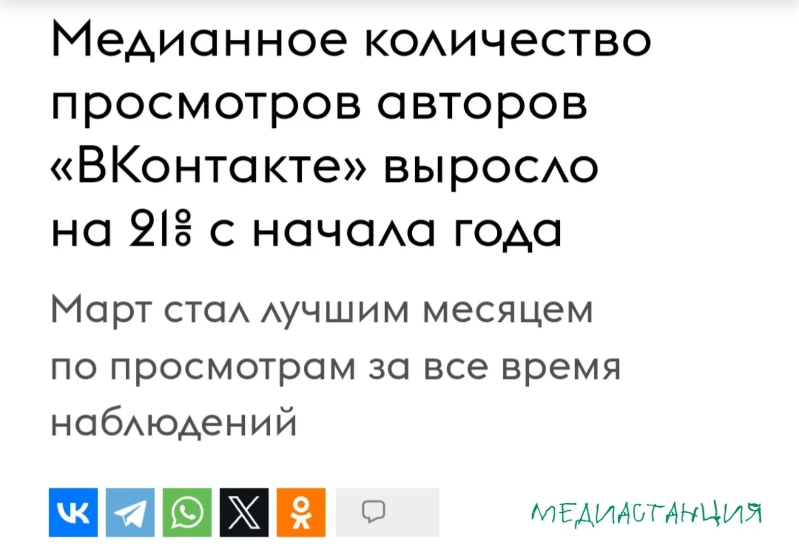 Алгоритмы ВКонтакте усилили охваты авторского контента просмотры постов заметно выросли По данным исследования LiveDune медианные охваты увеличились на 21 с начала года а в отдельных сегментах рост достигает 80 Анализ сделали солидный 50 млн публикаций в 200 тыс сообществах так что речь идет не о единичных всплесках Показательно что ни количество подписчиков ни частота публикаций за этот период существенно не менялись Основной фактор изменения в алгоритмах рекомендаций Наибольший рост показывают сообщества с уникальным контентом и высокой вовлеченностью тогда как агрегаторные паблики перезаливщики постепенно теряют позиции mediastanciacom Медиастанция в MAX