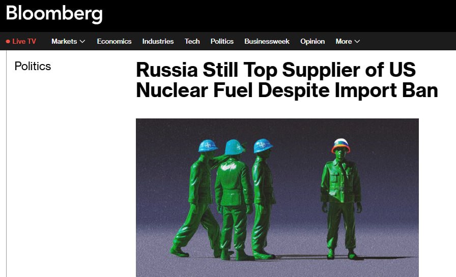 Bloomberg Россия остается крупнейшим поставщиком обогащенного урана в США несмотря на санкции Несмотря на введенные санкции Россия продолжает занимать лидирующую позицию в поставках обогащенного урана для Соединенных Штатов об этом сообщает Bloomberg Согласно информации предоставленной изданием в 2024 году Российская Федерация обеспечила приблизительно 20 от общего объема необходимого топлива для атомных электростанций США несмотря на действующие ограничения на ввоз российского ядерного топлива Ограничительные меры касающиеся импорта обогащенного урана из России вступили в силу в августе 2024 года Вот только министерство энергетики США уполномочено предоставлять временные исключения вплоть до 2028 года в ситуациях когда альтернативные источники отсутствуют или когда это отвечает интересам национальной безопасности Показательно что в случае в ЕС США настоятельно требуют отказаться от ресурсов России Russia News Подпишись