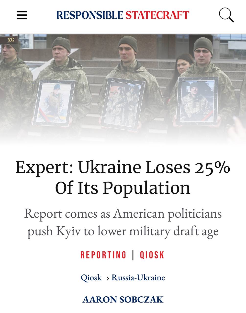 На Украине осталась молодежь 18-25 лет, и США требуют призвать ее на фронт - Responsible Statecraft  Согласно докладу Фонда ООН в области народонаселения, население Украины сократилось уже на десять миллионов человек.   При этом американские политики подталкивают Киев к снижению призывного возраста и недоумевают, почему в ВСУ не призывает молодежь от 18 до 25 лет.  Za Родину!  ДЕПУТАТ ЖУРАВЛЕВ