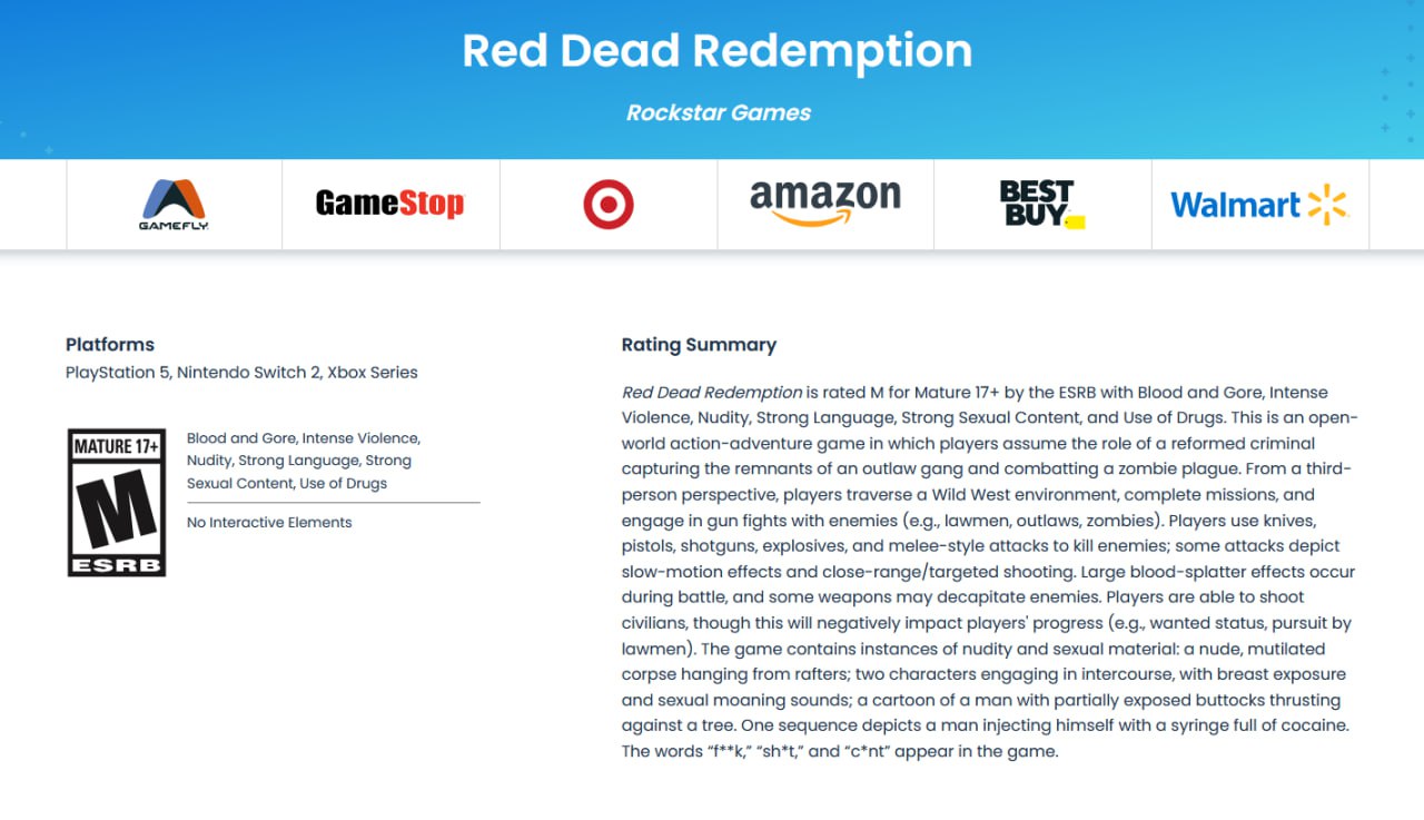 ESRB выдала новый рейтинг для Red Dead Redemption на PS5 Switch 2 и Xbox Series Если делать предположение почему конкретно оригинальная игра получила рейтинг то возможно консоли нового поколения получат коллекцию сразу двух частей