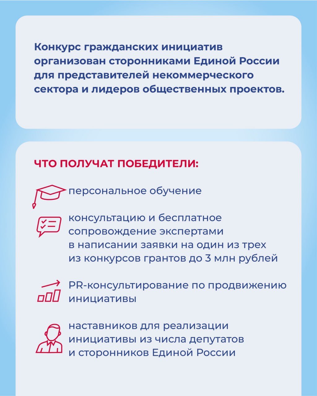 До трех миллионов рублей на свой проект получат победители всероссийского конкурса гражданских инициатив, который организовали сторонники Единой России  Лучшие проекты общественников также получат информационное сопровождение и наставников из числа депутатов, активистов, которые могут помочь в решении вопросов по проекту.  «Одно из направлений работы Единой России – поддержка некоммерческих организаций и общественников. Важно, чтобы НКО в нашем лице чувствовали поддержку и видели реальные возможности для реализации своих проектов. Всероссийский конкурс поддержки гражданских инициатив – один из эффективных инструментов для выбора и поддержки действительно лучших их идей», — отметил врио секретаря Генсовета партии Владимир Якушев.  Подача заявок стартовала 25 ноября и продлится до 23 декабря.  «Среди жителей нашей страны есть много талантливых и преданных делу людей, готовых приступить к действиям и повести за собой других. Мы поможем им на этом пути»,  — добавила председатель Центрального совета Сторонников Единой России Ольга Занко.  Подать заявку и узнать подробную информацию можно на сайте конкурса.