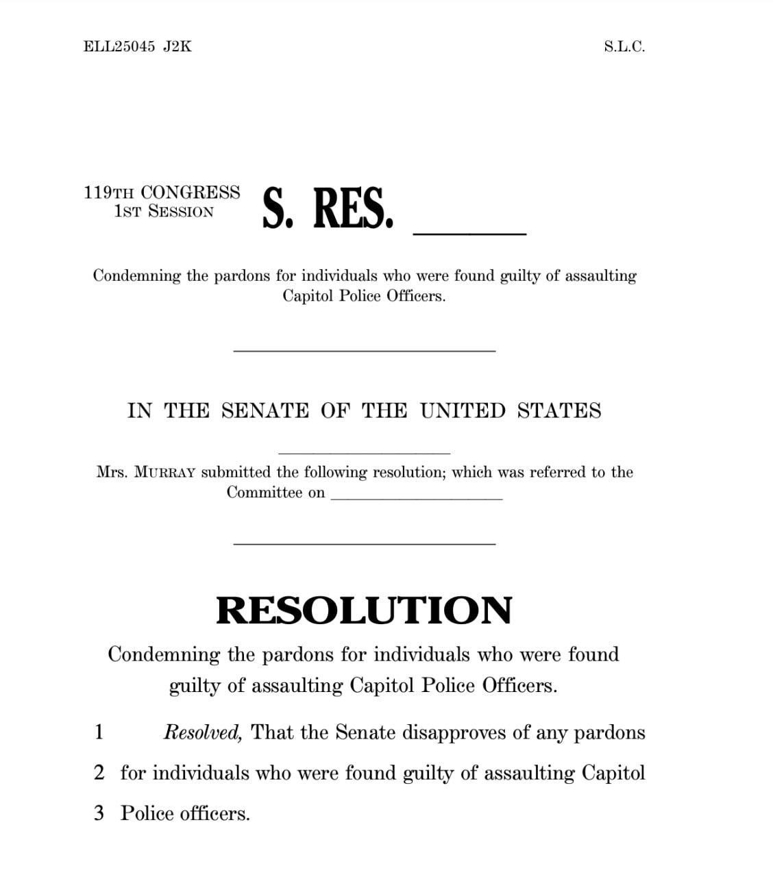 46 сенаторов от Демократической партии внесли проект резолюции Сената об осуждении помилования нападавших на полицейских Капитолия 6 января 2021 года. Только один сенатор-демократ от Пенсильвании John Fetterman не стал выступать спонсором резолюции  причина пока неизвестна .   Сенаторы попытаются добиться принятия резолюции по единогласной процедуре, но вероятно, что от кого-то из республиканских сенаторов поступит возражение. Вместе с тем, с большой долей вероятности проект резолюции внесен как раз для того, чтобы показать избирателям позицию республиканских коллег.