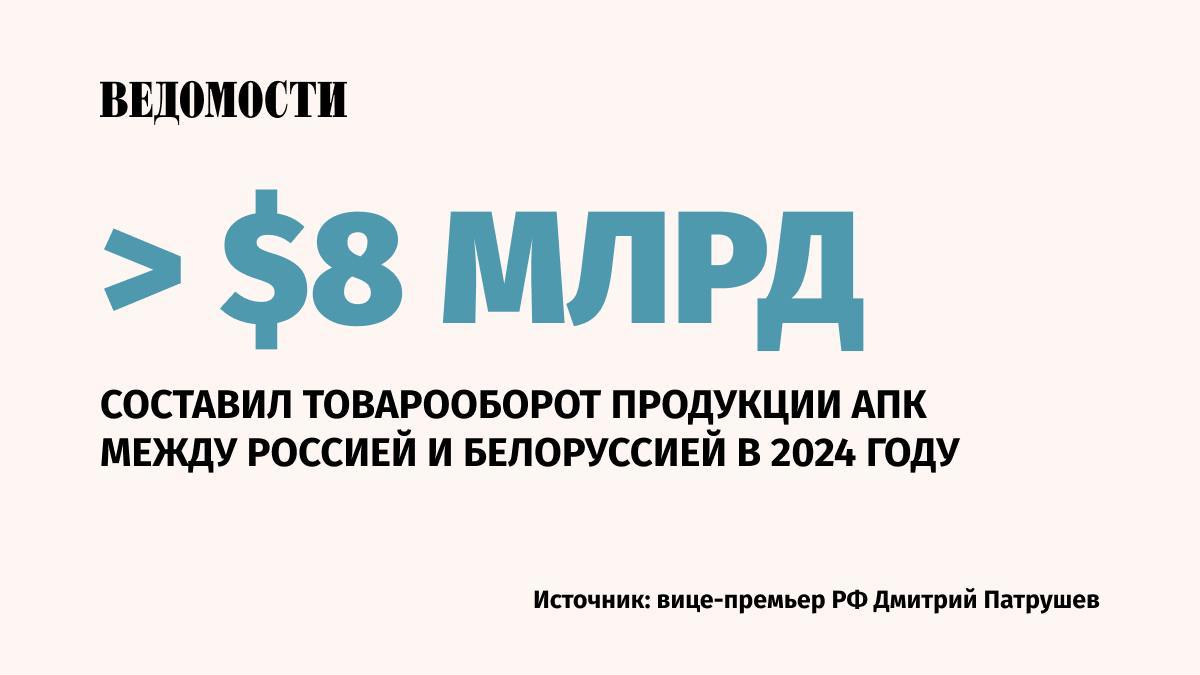 Товарооборот сельхозпродукции с Белоруссией в 2024 году увеличился на 15% и превысил $8 млрд, сообщил вице-премьер РФ Дмитрий Патрушев.   «Стабильный рост демонстрирует как взаимная торговля, так и совместное освоение зарубежных рынков. Страны также успешно взаимодействуют в области семеноводства», – говорится в заявлении.   Также отмечается, что в 2024 году была утверждена «дорожная карта» трансграничного водного сотрудничества. В нее включены мероприятия, направленные на сохранение и восстановление водных объектов бассейна Днепра и Западной Двины.       Товарооборот России и Белоруссии может достигнуть $60 млрд в 2024 году. Об этом в декабре прошлого года заявил президент республики Александр Лукашенко.    Подпишитесь на «Ведомости»