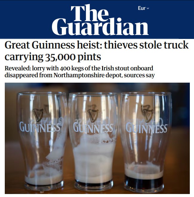 В Великобритании украли 20 тонн пива Guinness – The Guardian  «В середине декабря со склада в Мидлендсе исчез грузовик, перевозивший 400 50-литровых бочек ирландского стаута», – узнали журналисты.  Именно этим, по их словам, объясняется дефицит пенного напитка в супермаркетах и отказ владельцев пабов наливать больше одного бокала Guinness «в руки».  Подписывайтесь на «Абзац»