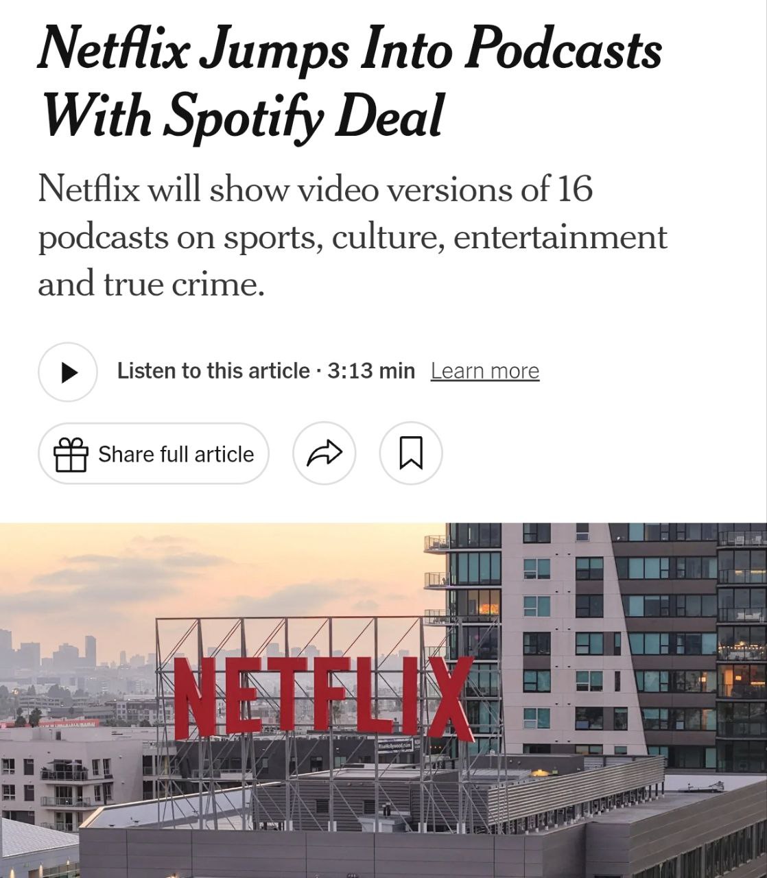 Netflix выходит на рынок видеоподкастов Вместе с Spotify они заключили сделку согласно которой на платформе появятся 16 шоу про спорт культуру и не только Поначалу кстати рекламы от Netflix не будет но интеграции от Spotify останутся Сделка открывает новый этап для подкастов потому что 72 слушателей уже предпочитают видеоформат Интересно как Netflix теперь будет конкурировать с YouTube в этой сфере