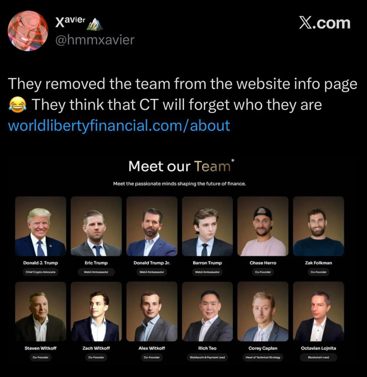 Проект Трампа удалил с сайта всю информацию о команде Ранее семья Трампа была указана в проекте WLFI как сооснователи но теперь их роль изменена они значатся лишь как Web3 амбассадоры В Twitter это уже называют одним из самых очевидных и сомнительных скамов за последние годы Слишком много настораживающих факторов непрозрачные манипуляции с ликвидностью использование собственных токенов в качестве залога и удаление публичной информации При этом средства инвесторов по прежнему остаются замороженными