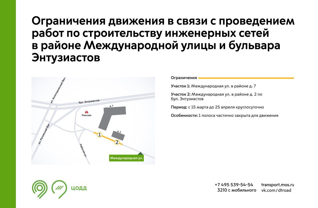 С 15 марта до 25 апреля на участках Международной улицы будет недоступна для движения 1 полоса. Это связано с проведением работ по строительству инженерных сетей.  Подробнее – на инфографике