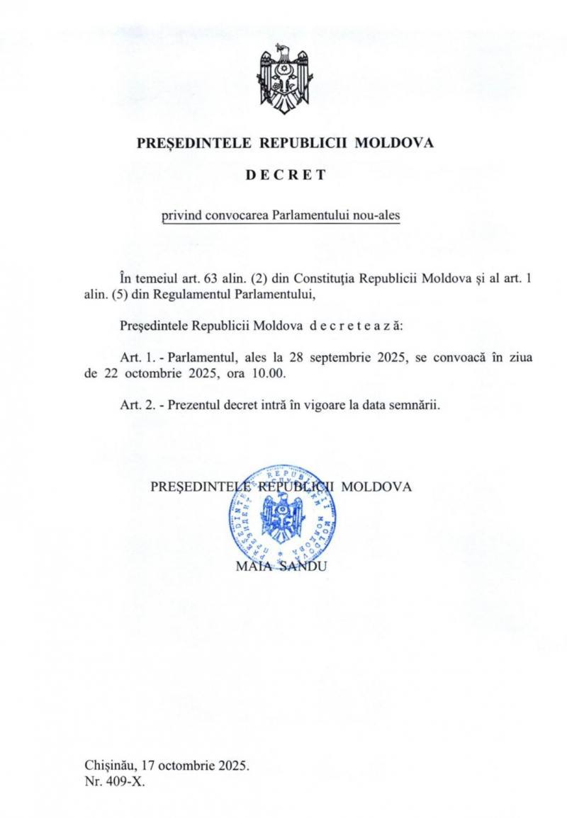 Первое заседание нового парламента состоится 22 октября Президент Майя Санду подписала указ о начале работы парламента XII созыва Согласно документу первое заседание нового законодательного органа пройдёт в среду 22 октября в 10 00 Депутаты изберут руководство парламента и начнут процедуру формирования нового правительства Подпишись на Moldova Liberă