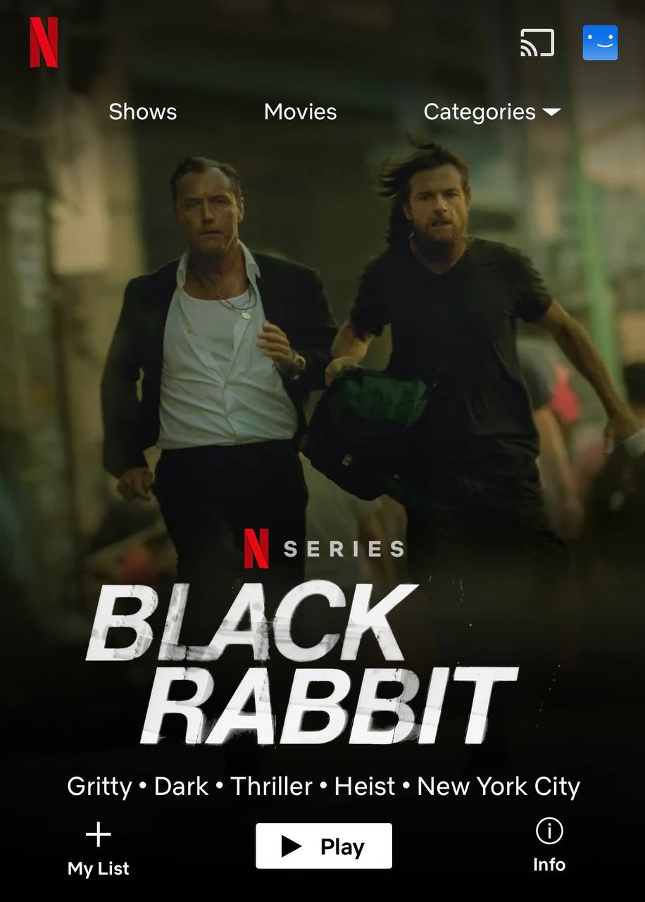 На Netflix только что вышел мини сериал Black Rabbit с Джудом Лоу и Джейсоном Бейтманом про криминальные разборки вокруг одноименного нью йоркского ресторана Все восемь серий доступны в том числе с русским дубляжом Раз Netflix выложил шоу переведенное на десятки языков значит рассчитывает на внушительное количество просмотров Поглядим