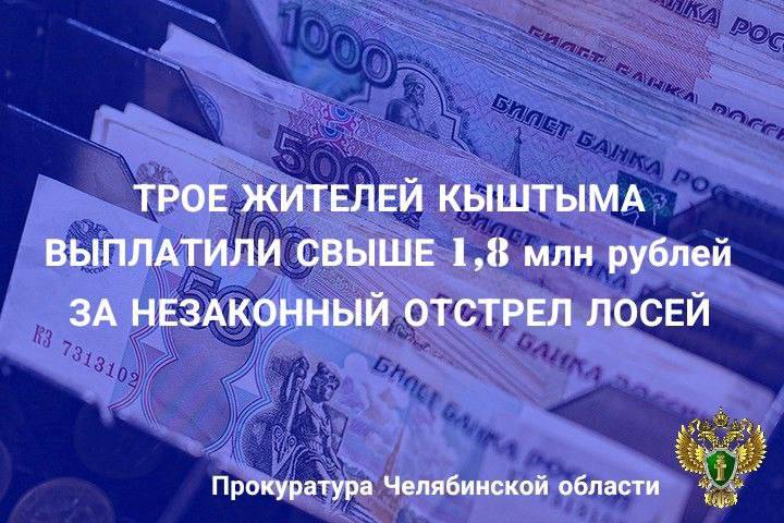 Трое жителей Кыштыма выплатили свыше 1,8 млн рублей за незаконный отстрел лосей Каслинская городская прокуратура утвердила обвинительное заключение по уголовному делу в отношении трех жителей г. Кыштыма 1979 г.р., 1998 г.р. и 2000 г.р. Они обвиняются по ч. 2 ст. 258 УК РФ незаконная охота с причинением крупного ущерба, с применением механического транспортного средства, совершенная группой лиц по предварительному сговору . По версии следствия, обвиняемые в период с декабря 2024 по январь 2025 года не имея специального разрешения на охоту, в лесном массиве охотничьего угодья «Медведевское», а также в лесном массиве п. Северный г. Кыштыма произвели отстрел 5 особей дикого животного лося. Ущерб, причиненный Российской Федерации в лице министерства экологии региона, составил 400 тыс. рублей. Учитывая уничтожение указанного вида охотничьих ресурсов, что повлекло сокращение численности популяции, причиненный размер вреда государству с учетом кратности составил 1 млн 840 тыс. рублей и возмещен обвиняемыми в полном объеме. Уголовное дело направлено в Каслинский городской суд для рассмотрения по существу.