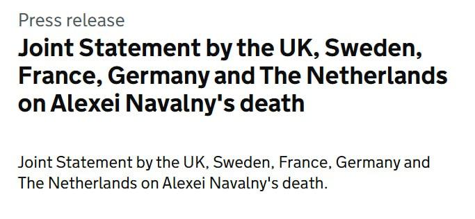 Алексей Навальный умер от отравления эпибатидином совместное заявление пяти стран Совместное заявление Великобритании Швеции Франции Германии и Нидерландов опубликовано на сайте правительства Великобритании К такому выводу пришли наши правительства на основании анализа проб взятых у Алексея Навального Эти анализы однозначно подтвердили наличие эпибатидина Эпибатидин это яд который содержится в лягушках древолазах обитающих в Южной Америке В России он не встречается в природе Россия заявила что Навальный умер естественной смертью Но учитывая токсичность эпибатидина и описанные симптомы причиной его смерти скорее всего стало отравление Навальный умер в тюрьме а значит у России были средства мотив и возможность дать ему этот яд написано в заявлении Последние выводы еще раз подчеркивают необходимость привлечь Россию к ответственности за неоднократные нарушения Конвенции о запрещении химического оружия а в данном случае Конвенции о запрещении биологического и токсинного оружия отметили в заявлении