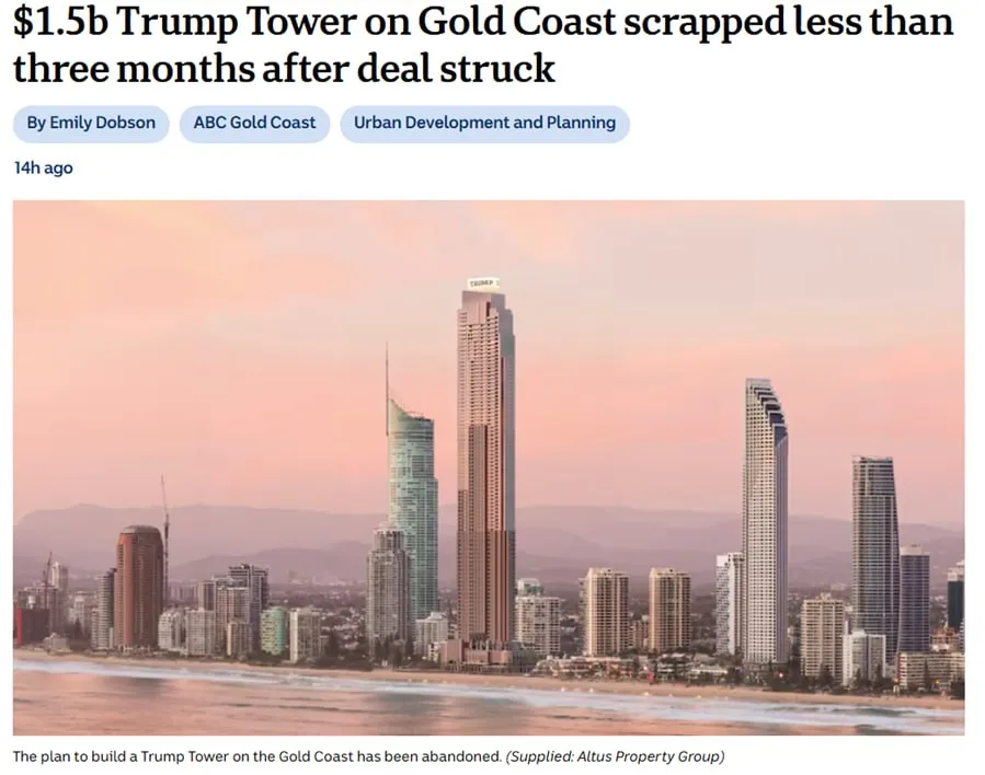 Планы по строительству Trump Tower в Австралии на сумму 1 5 млрд долларов были сорваны менее чем через три месяца после заключения сделки сообщает ABC Предполагалось что 91 этажная башня станет самым высоким зданием в Австралии но строительство было отменено Из за войны с Ираном и всего остального бренд Трампа становился все более токсичным в Австралии сообщает издание   Telegram MAX Читать эксклюзив