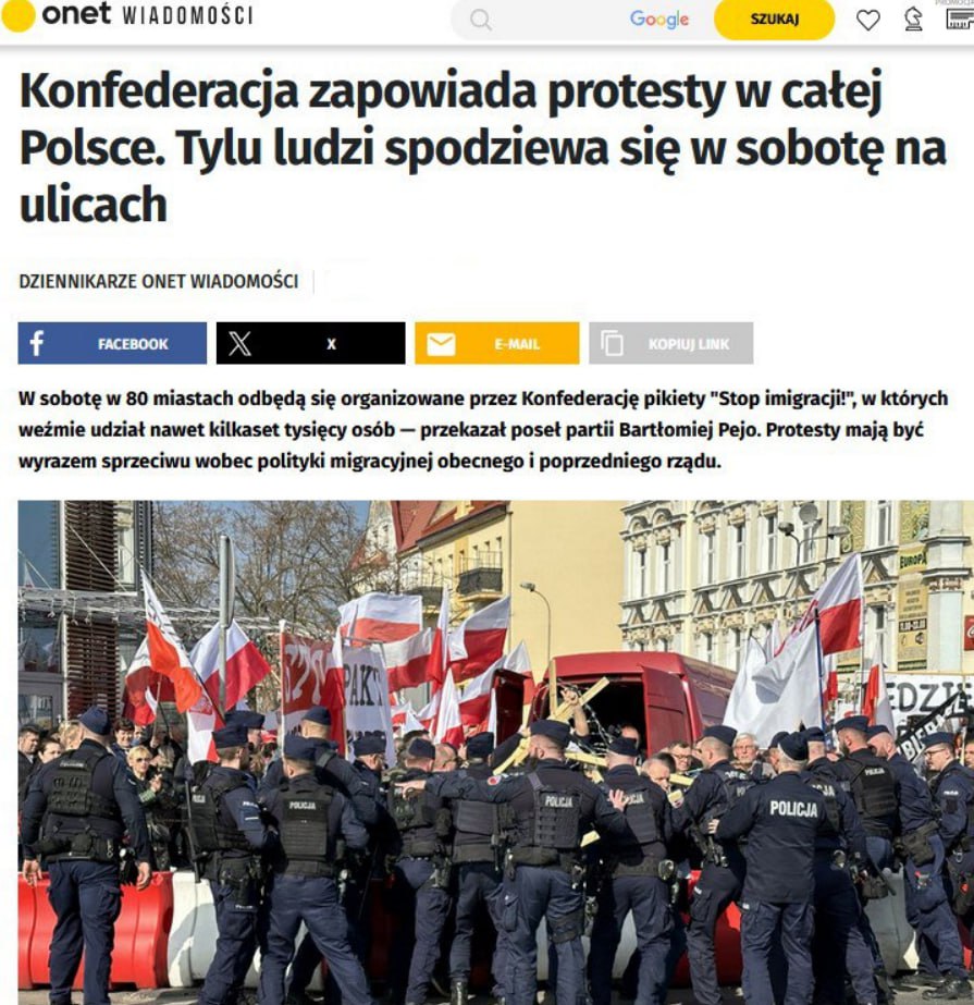 Змагарам приготовиться: сегодня польские националисты выйдут на улицы под лозунгом «Стоп иммиграция».   Оппозиционная партия «Конфедерация» обещает мобилизовать сотни тысяч людей по всей стране.  Главная цель – не допустить, чтобы Польша повторила ошибки Германии, Швеции или Великобритании, где мигранты утопили страны в волне насилия и преступности. Сейчас это начинает происходить и в Польше, где в криминальных сводках все чаще всплывают беглые змагары.   Сегодня у польских властей появится ещё один веский повод зачистить страну от беглых змагаров.  Прислать новость