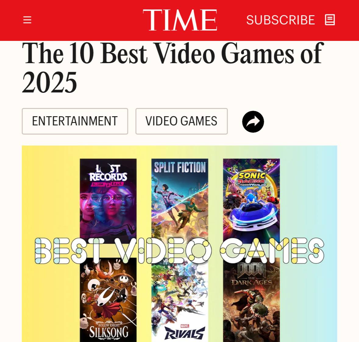 Clair Obscur Expedition 33 стала игрой года по версии журнала TIME В топ 10 лучших игр 2025 года оказались Clair Obscur Expedition 33 Death Stranding 2 On the Beach Ghost of Yotei Split Fiction Silent Hill f Hollow Knight Silksong Lost Records Bloom Rage DOOM The Dark Ages Sonic Racing CrossWorlds Marvel Rivals Сохраняем подборку чтобы не потерять