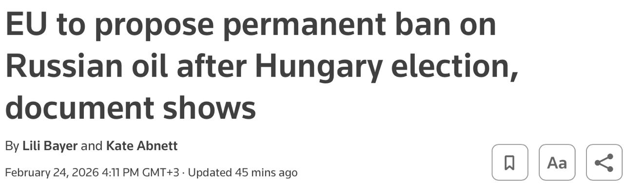 ЕС готовит бессрочный запрет на импорт нефти из России Reuters Еврокомиссия планирует 15 апреля представить законопроект о постоянном запрете на поставки российской нефти По данным источников агентства специально выбрана дата после парламентских выборов в Венгрии чтобы минимизировать политический эффект Венгрия и Словакия которые по прежнему зависят от российских поставок выступают против введения такого ограничения Подписывайтесь на BFM И в MAX
