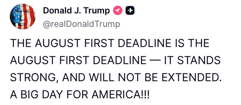 Дональд Трамп заявил, что больше никаких отсрочек после введения 1 августа пошлин США не будет  Читать далее