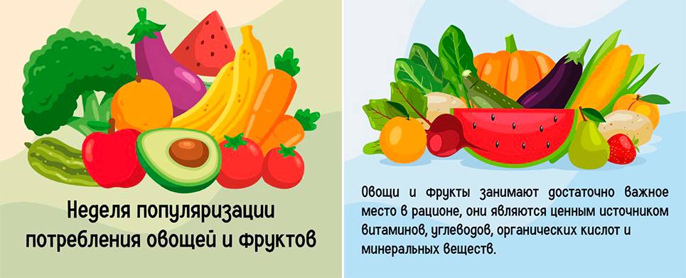 В России проходит Неделя популяризации потребления овощей и фруктов Эта инициатива направлена на привлечение внимания к важности этих продуктов для здорового питания поскольку они являются ценным источником витаминов клетчатки и минералов Рекомендуется потреблять не менее 400 граммов овощей и фруктов в день что эквивалентно примерно пяти порциям