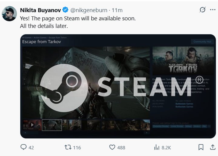 Теперь официально Escape From Tarkov появится в Steam Примерной даты нет но Буянов заявил что это будет скоро