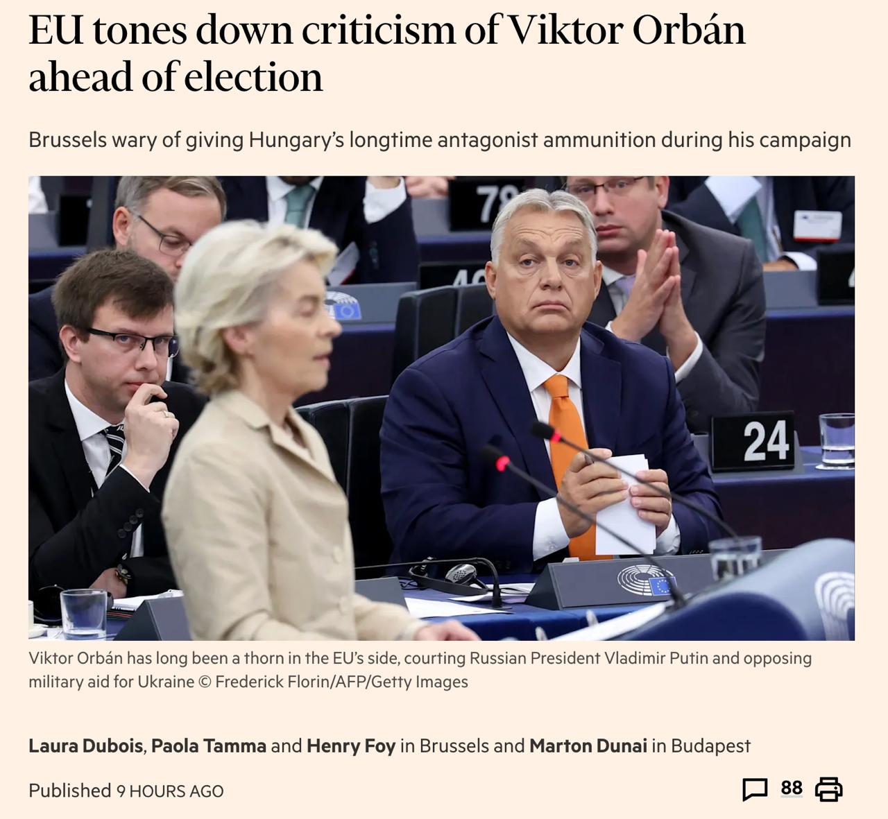 Еврокомиссия решила смягчить критику в адрес Орбана накануне парламентских выборов в Венгрии 12 апреля чтобы ее не обвинили во вмешательстве в избирательный процесс сообщает Financial Times со ссылкой на источники Все действия институтов ЕС будут использованы Орбаном Что бы мы говорили или не говорили это будет использовано против нас заявил представитель Европейского парламента По словам источников оппозиционная партия Тиса также призвала институты ЕС проявлять сдержанность во время предвыборной кампании При этом правительству Орбана незадолго до выборов может быть выделено около 2 4 млрд евро средств ЕС Отметим что публикация в FT появилась вскоре после вызвавших большой резонанс заявлений Зеленского в адрес Орбана Исходя из текста статьи европейские власти решили выбрать совсем иную чем Зеленский тактику в отношении венгерского премьера Подробнее о ситуации накануне выборов в Венгрии мы писали здесь Сайт Страна X Twitter Прислать новость фото видео Реклама на канале Помощь