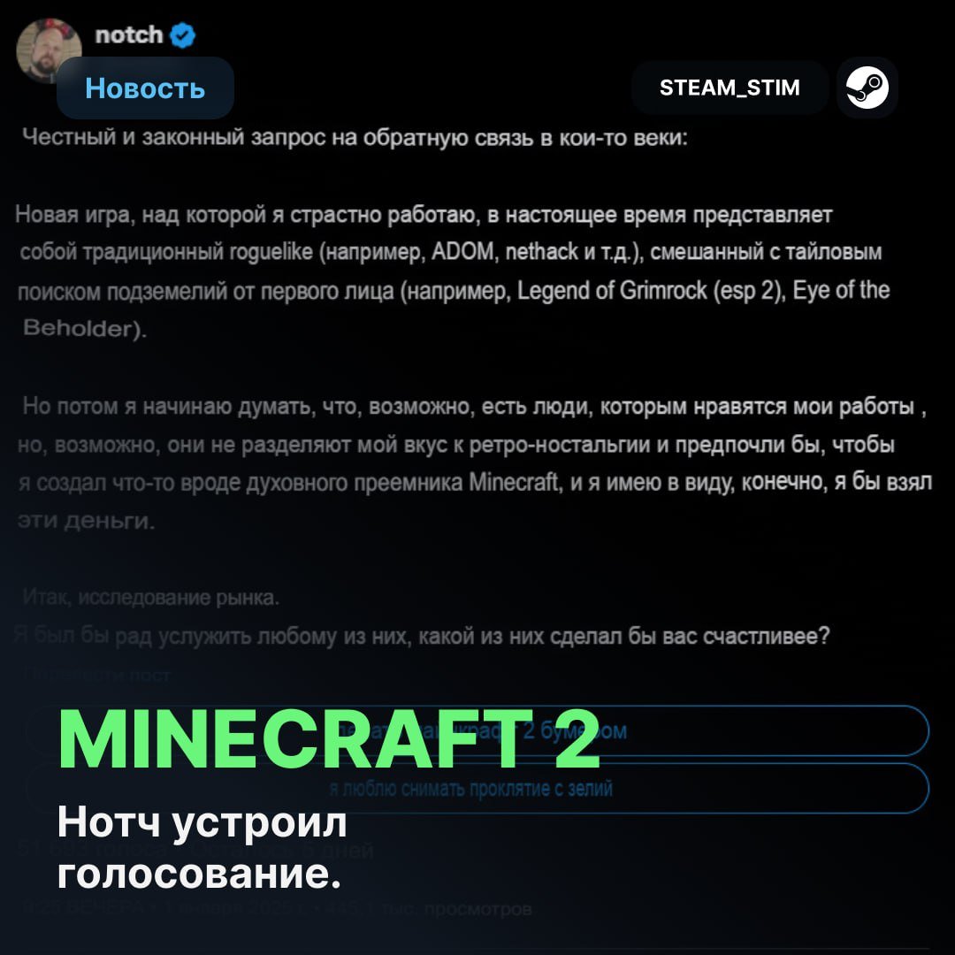 Notch хочет сделать духовного НАСЛЕДНИКА Minecraft   В запрещённой соцсети он спросил у аудитории, какой проект они хотят видеть.  Большинство голосов  65%  отдано за вариант «сделай minecraft 2».    По словам Маркуса, создание игр для него — это увлекательный пазл, а заодно и способ вложить деньги в разработку, в последствии заработав при наличии спроса.    Steam Игры   Чат