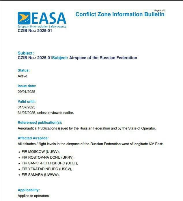 ‍  EASA  Европейское агентство по безопасности полетов  предупредило авиакомпании об опасности полетов в пять регионов России, включая Москву и Санкт-Петербург.  На фоне отмены рейсов Air Serbia в Казань и Сочи «из-за ситуации в России», выглядит интересно. Есть вероятность, что рейсы из Белграда в Москву и Питер тоже прикроют.  #торговлябезграниц #tradewithoutborders #Россия #экспорт #импорт #Сербия #логистика #авиа  ____   Торговля без границ     Экспорт Вашей продукции   Решение любых вопросов ВЭД